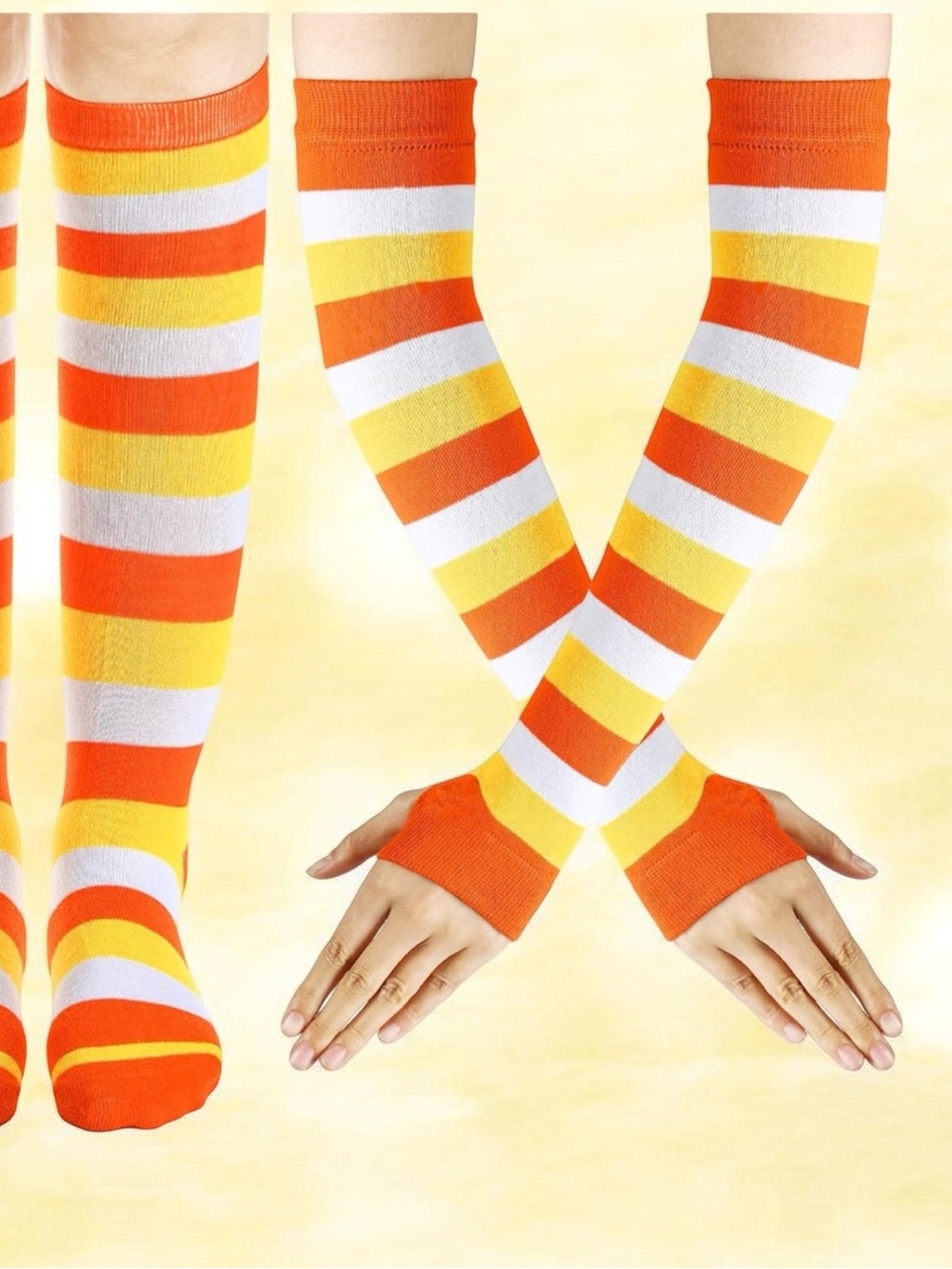 Candy Corn Color Striped Knee Socks And Arm Warmer Set One Size